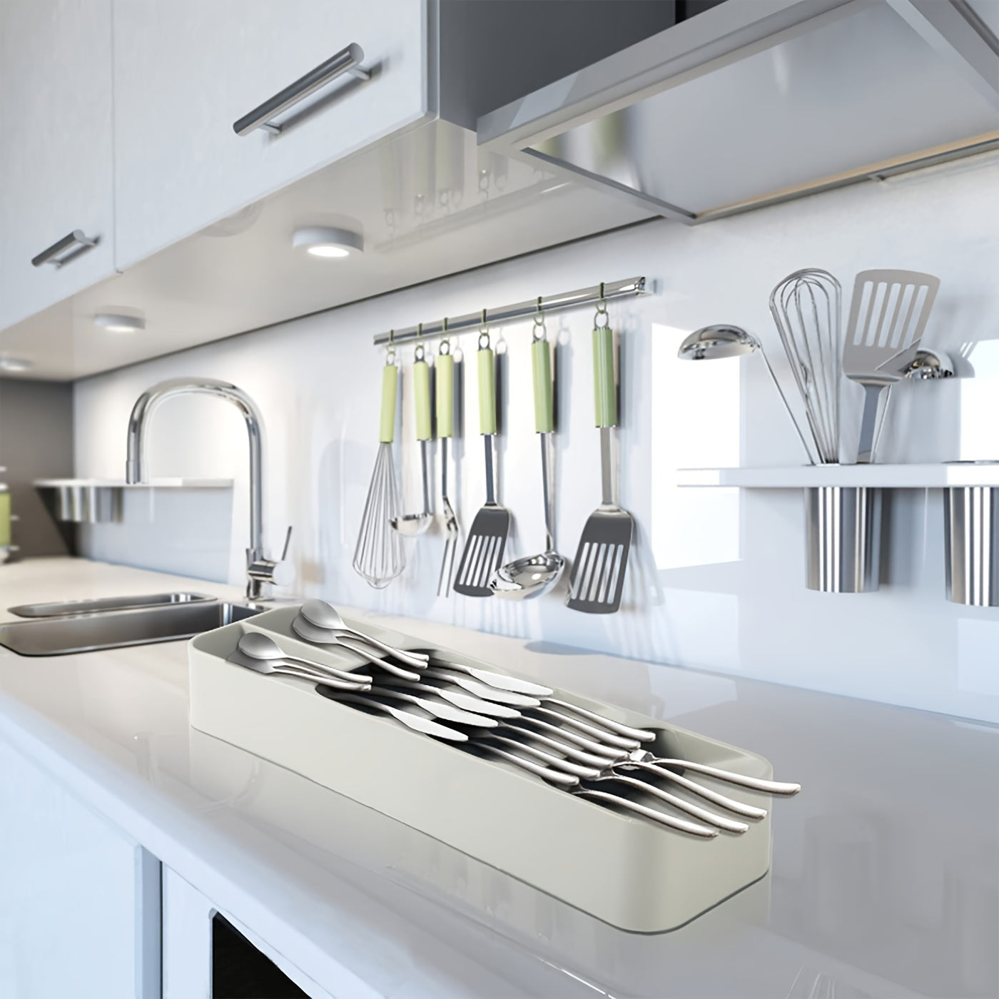 1pc Multifunctional Knife And Fork Compartment Storage Box; Cutlery Spoon Box Knife And Fork Divider Organizer; Kitchen Drawer Storage Box Tray; 5.5inch/4.3inch