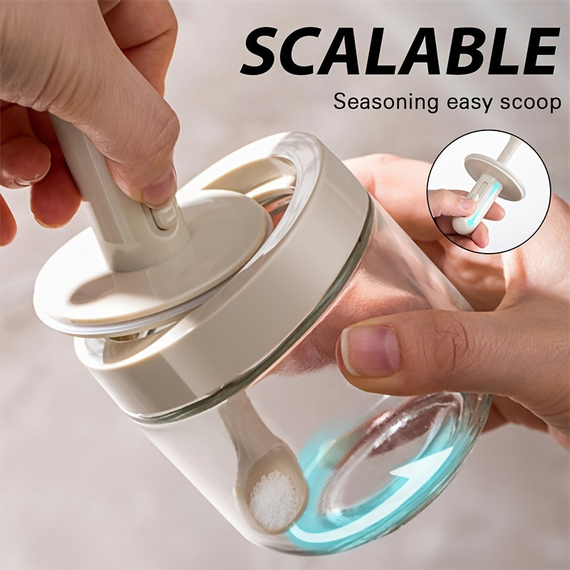 1pc Seasoning Jar With Retractable Spoon; Glass Spice Jar Seasoning Box; Seasoning Container With Lid And Spoon For Salt; Sugar And Spices; Kitchen Supplies