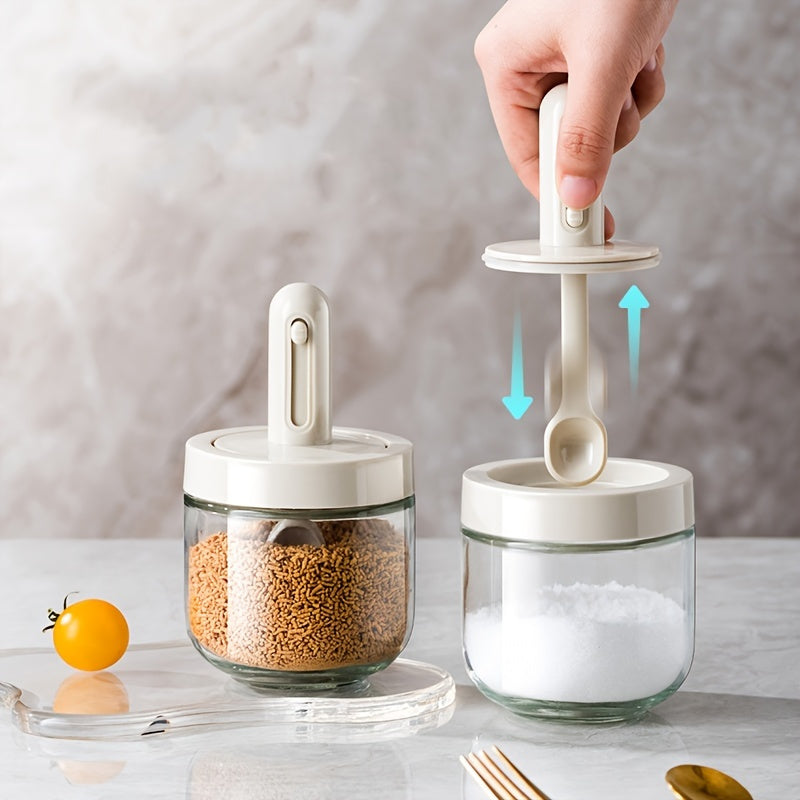 1pc Seasoning Jar With Retractable Spoon; Glass Spice Jar Seasoning Box; Seasoning Container With Lid And Spoon For Salt; Sugar And Spices; Kitchen Supplies