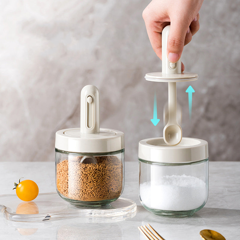 1pc Seasoning Jar With Retractable Spoon; Glass Spice Jar Seasoning Box; Seasoning Container With Lid And Spoon For Salt; Sugar And Spices; Kitchen Supplies