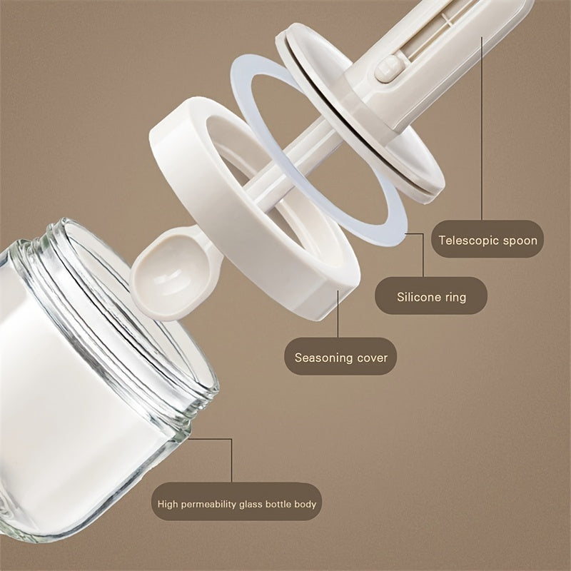 1pc Seasoning Jar With Retractable Spoon; Glass Spice Jar Seasoning Box; Seasoning Container With Lid And Spoon For Salt; Sugar And Spices; Kitchen Supplies