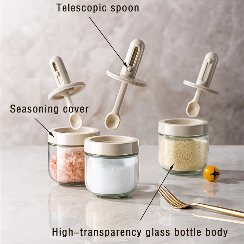 1pc Seasoning Jar With Retractable Spoon; Glass Spice Jar Seasoning Box; Seasoning Container With Lid And Spoon For Salt; Sugar And Spices; Kitchen Supplies