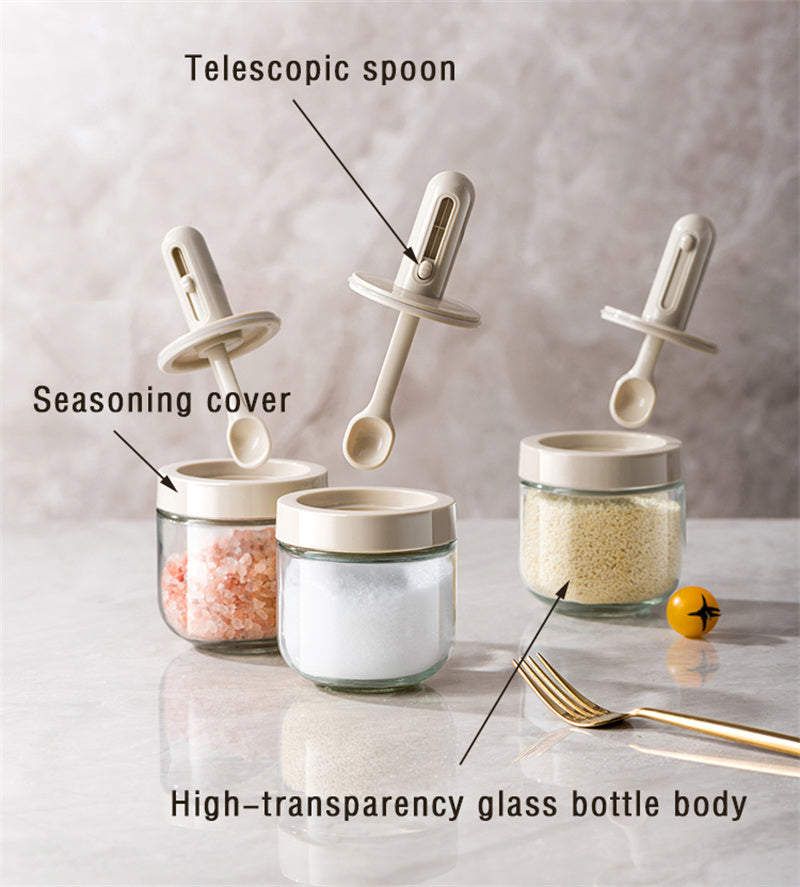 1pc Seasoning Jar With Retractable Spoon; Glass Spice Jar Seasoning Box; Seasoning Container With Lid And Spoon For Salt; Sugar And Spices; Kitchen Supplies