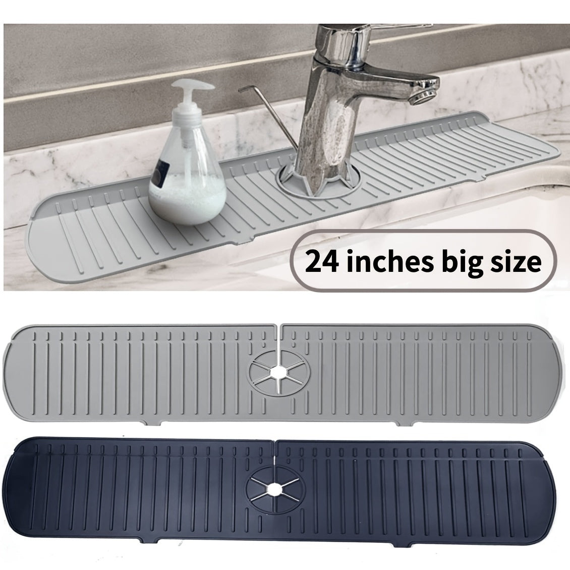 1pc Faucet Sink Splash Guard Mat, Silicone Faucet Water Catcher Mat Cover, Sink Draining Pad Behind Faucet, Gray Black Silicone Drying Mat For Bathroom Countertop Protect