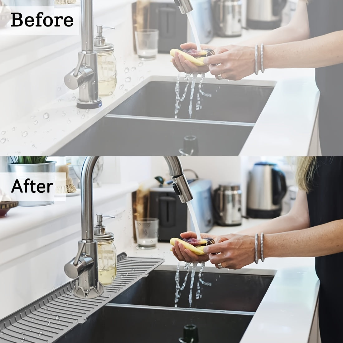 1pc Faucet Sink Splash Guard Mat, Silicone Faucet Water Catcher Mat Cover, Sink Draining Pad Behind Faucet, Gray Black Silicone Drying Mat For Bathroom Countertop Protect
