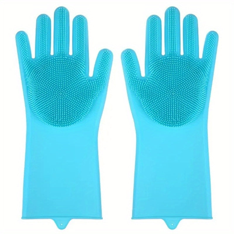 1pair Kitchen Silicone Dishwashing Gloves; Housework Cleaning Waterproof Insulation Magic Gloves; Dishwashing Brush