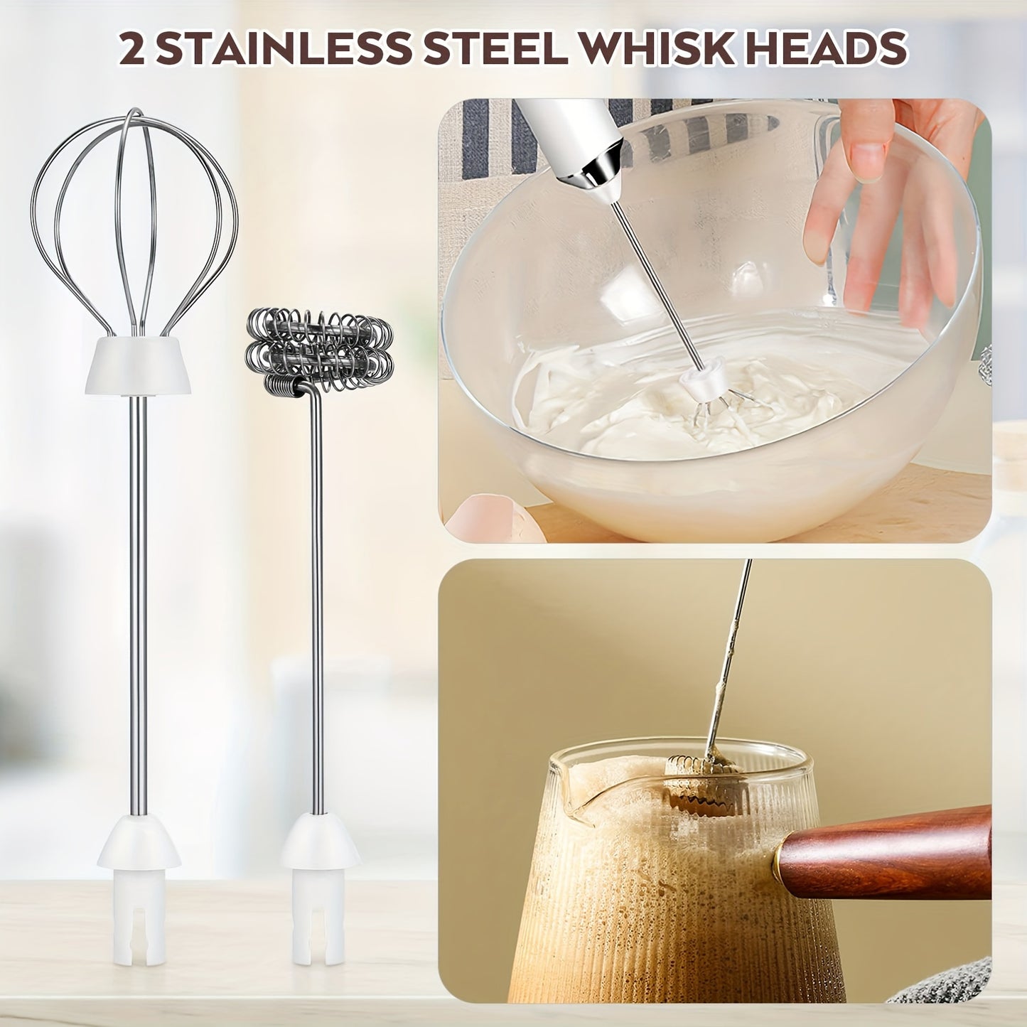One Set Of Milk Frother Handheld USB-Rechargeable With 2pcs Stainless Whisk Heads; 3-Speed Adjustable Handheld Milk Frother For Cappuccinos; Hot Chocolate; Milkshakes; Egg Mix