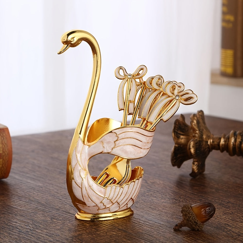 1pc Coffee Dessert Spoons Set; Swan Base Holder Coffee Spoons Set With 6 Forks Spoons Creative Metal Coffee Dessert Spoon Set For Coffee Dessert Ice Cream Use Great Gift