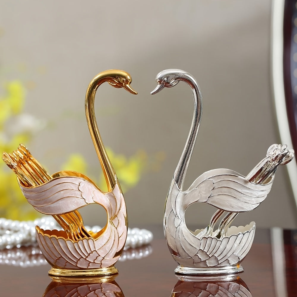 1pc Coffee Dessert Spoons Set; Swan Base Holder Coffee Spoons Set With 6 Forks Spoons Creative Metal Coffee Dessert Spoon Set For Coffee Dessert Ice Cream Use Great Gift