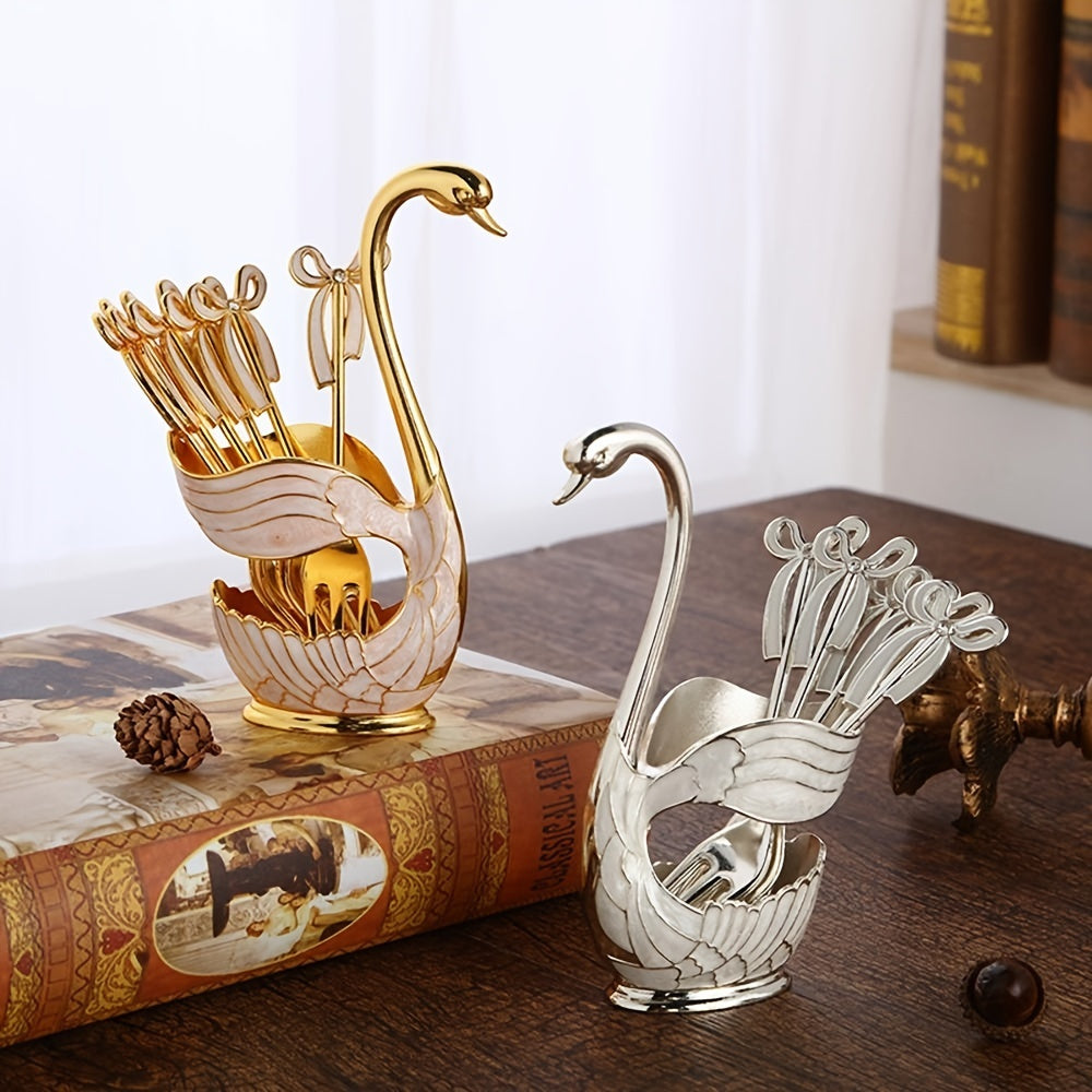 1pc Coffee Dessert Spoons Set; Swan Base Holder Coffee Spoons Set With 6 Forks Spoons Creative Metal Coffee Dessert Spoon Set For Coffee Dessert Ice Cream Use Great Gift