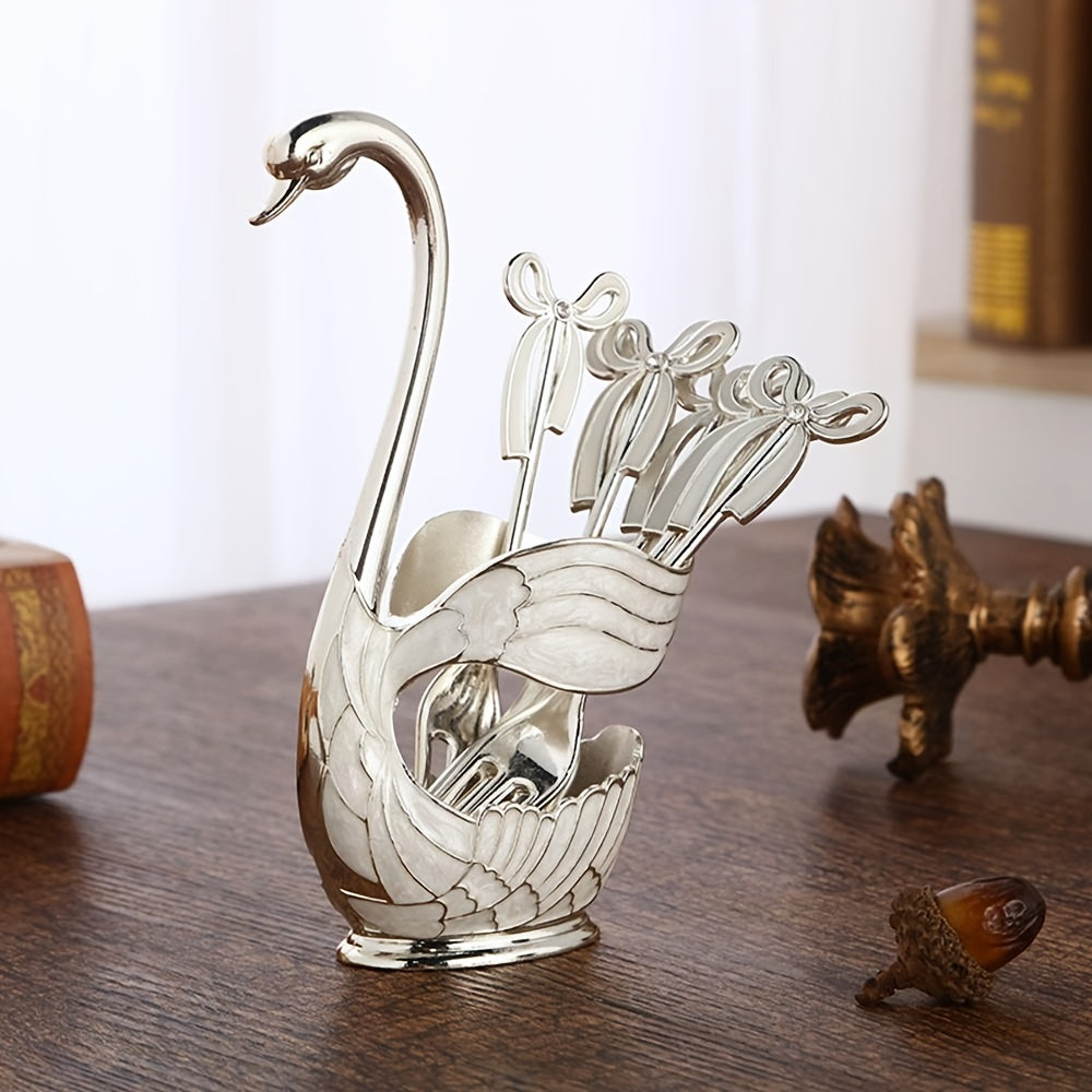 1pc Coffee Dessert Spoons Set; Swan Base Holder Coffee Spoons Set With 6 Forks Spoons Creative Metal Coffee Dessert Spoon Set For Coffee Dessert Ice Cream Use Great Gift
