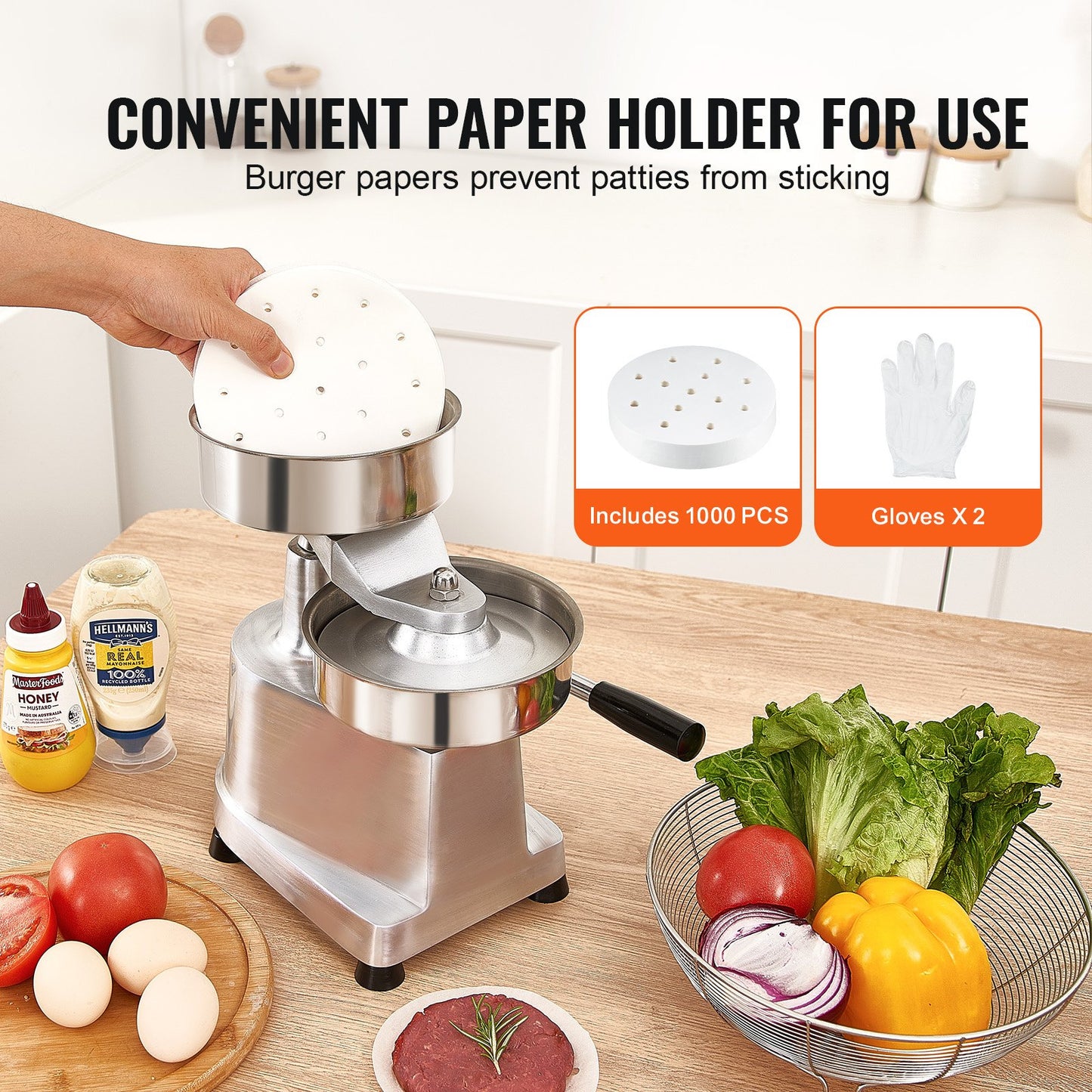 Commercial Burger Patty Maker, 150mm/6inch Hamburger Beef Patty Maker, Heavy Duty Food-Grade Stainless Steel Bowl Burger Press Machine, Kitchen Meat Forming Processor with 1000 Pcs Patty Papers