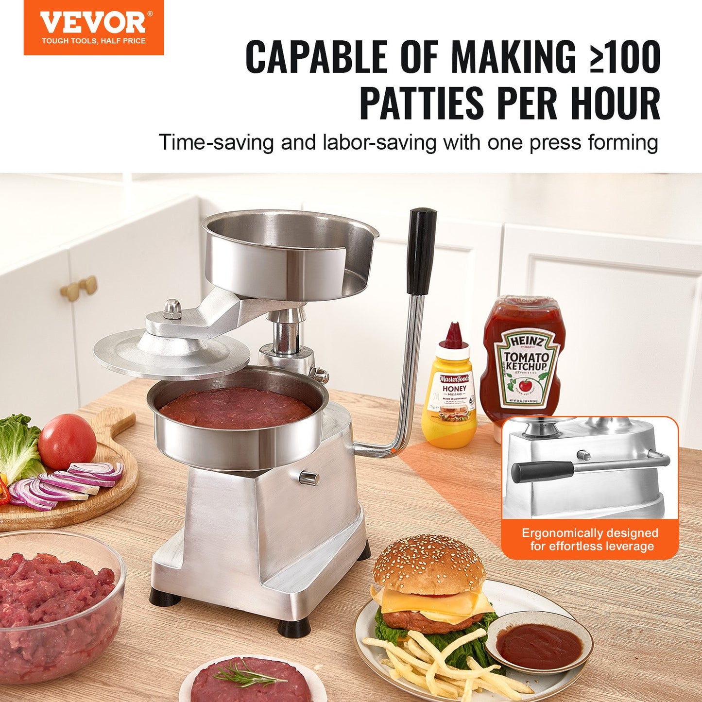 Commercial Burger Patty Maker, 150mm/6inch Hamburger Beef Patty Maker, Heavy Duty Food-Grade Stainless Steel Bowl Burger Press Machine, Kitchen Meat Forming Processor with 1000 Pcs Patty Papers